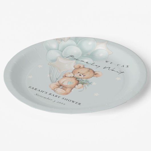 かわいい青bearly待ちクマ気球ベビーシャワー ペーパープレート (アングル)