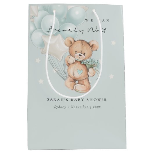かわいい青bearly待ちクマ気球ベビーシャワー ミディアムペーパーバッグ (正面)
