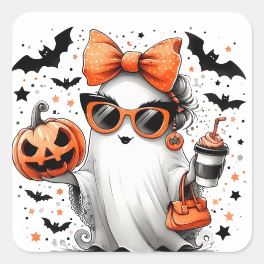 かわいい面白いハロウィーン幽霊 スクエアシール (正面)