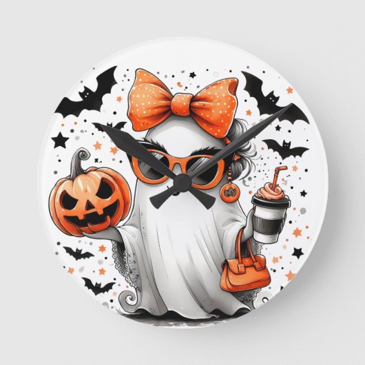 かわいい面白いハロウィーン幽霊 ラウンド壁時計 (正面)