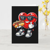 かわいい面白いハートがホットドッグを食べるバレンタインの2月 カード (黄色い花)