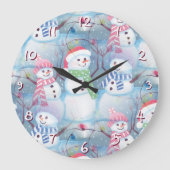 かわいい面白い冬の季節の雪だるま水彩アート ラージ壁時計 (正面)