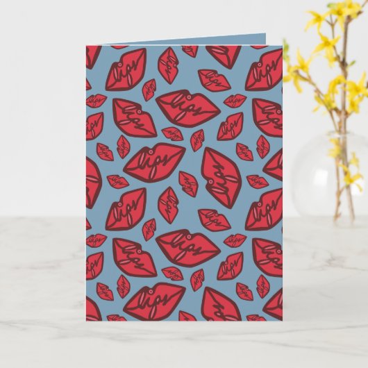 かわいい面白い唇のパターン 青い背景 カード (黄色い花)