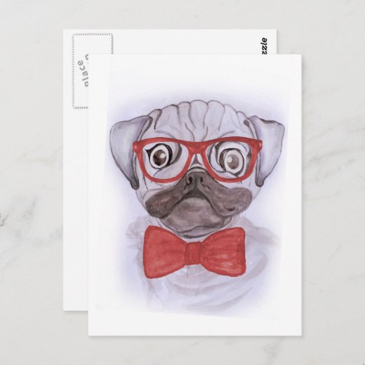 かわいい面白い水彩のプグ犬に赤い眼鏡とリボン ポストカード (正面/裏面)