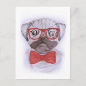 かわいい面白い水彩のプグ犬に赤い眼鏡とリボン ポストカード (正面)