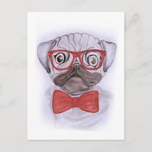 かわいい面白い水彩のプグ犬に赤い眼鏡とリボン ポストカード (正面)