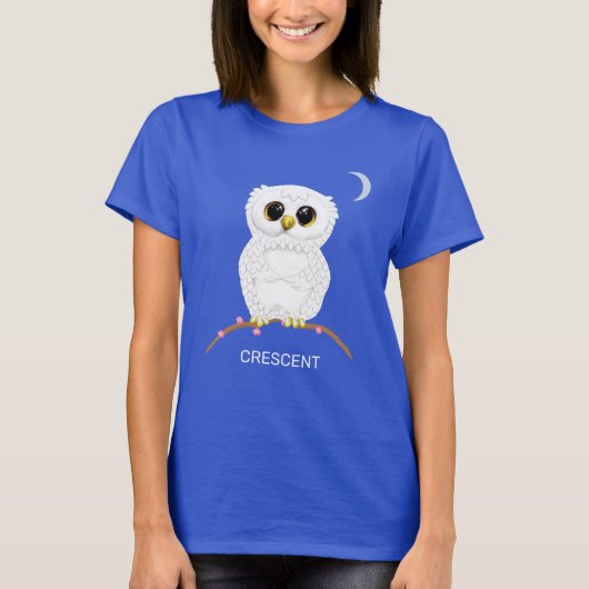 かわいい面白い白いフクロウと三日月 Tシャツ (正面)
