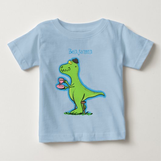かわいい面白い緑のT-Rex恐竜の漫画 ベビーTシャツ (正面)
