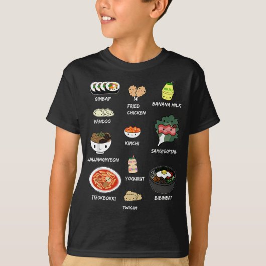 かわいい韓国食べ物、ビビンバップと韓国の美学K Tシャツ (正面)