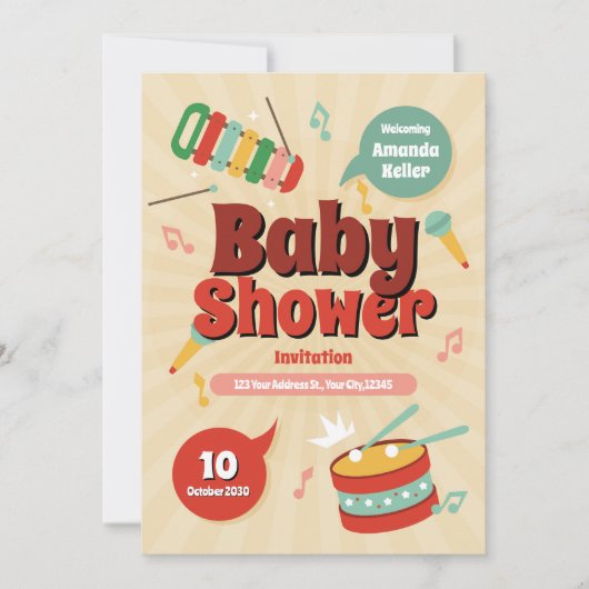 かわいい音楽をテーマにしたベビーシャワー招待状 招待状 (正面)