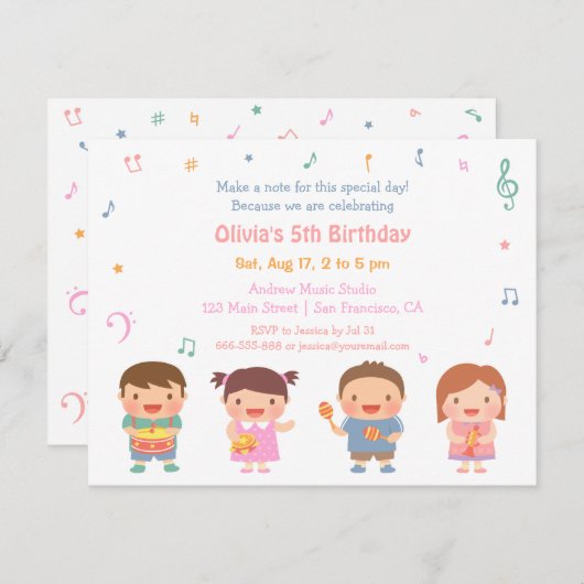 かわいい音楽テーマの子供の誕生日パーティの招待状 招待状 (正面/裏面)