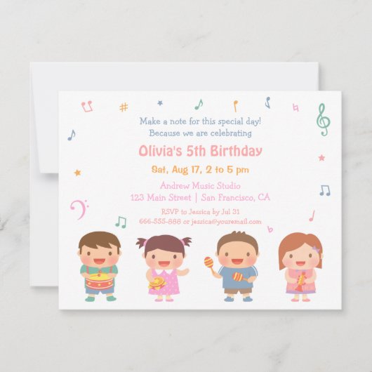 かわいい音楽テーマの子供の誕生日パーティーの招待状 招待状 (正面)
