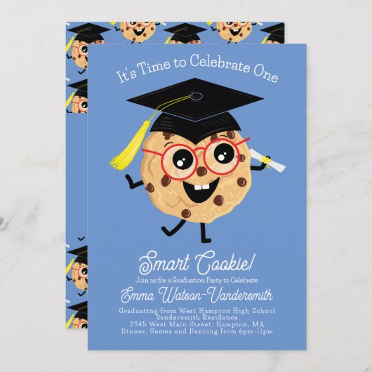 かわいい頭が切れるクッキー卒業パーティー漫画ブルー 招待状 (正面/裏面)