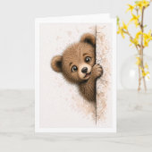 かわいい顔をのぞかせるクマの水彩画アニマル カード (黄色い花)
