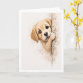 かわいい顔をのぞかせる子犬の水彩画のブランケット カード (黄色い花)