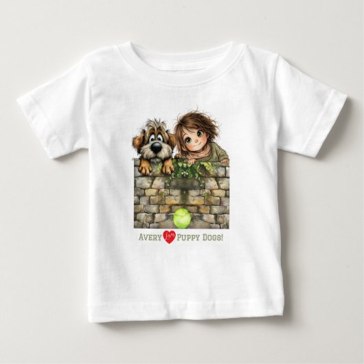 かわいい顔をのぞかせる少年少女と子犬 ベビーTシャツ (正面)
