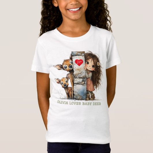 かわいい顔出し女子と子鹿のTシャツ Tシャツ (正面)