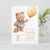 かわいい風船のクマの男の子の1歳の誕生日 招待状 (スタンド正面)