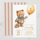 かわいい風船のクマの男の子の1歳の誕生日 招待状 (正面/裏面)