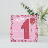 かわいい風船 - ピンクの子供の1歳の誕生日パーティー招待状 招待状 (スタンド正面)