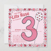 かわいい風船 - ピンクの子供の3歳の誕生日パーティー招待状 招待状 (正面)