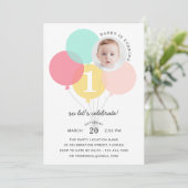 かわいい風船 モダン ファースト 1st フォト 誕生日 招待状 (スタンド正面)
