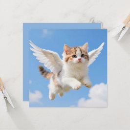 かわいい飛ぶ子猫 三毛猫 ブルー空 カード
