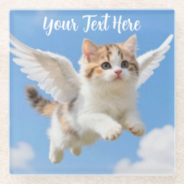 かわいい飛ぶ子猫 三毛猫 ブルー空 ガラスコースター