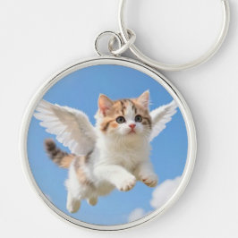 かわいい飛ぶ子猫 三毛猫 ブルー空 キーホルダー
