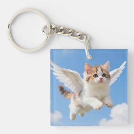 かわいい飛ぶ子猫 三毛猫 ブルー空 キーホルダー