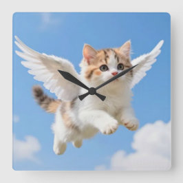 かわいい飛ぶ子猫 三毛猫 ブルー空 スクエア壁時計