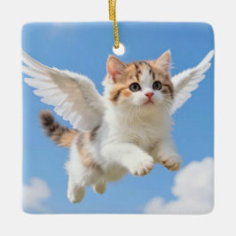 かわいい飛ぶ子猫 三毛猫 ブルー空 セラミックオーナメント