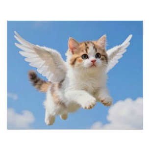 かわいい飛ぶ子猫 三毛猫 ブルー空 ポスター