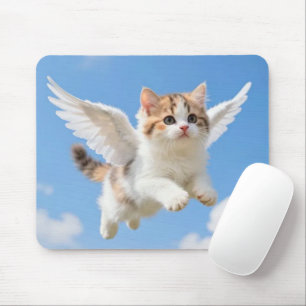 かわいい飛ぶ子猫 三毛猫 ブルー空 マウスパッド