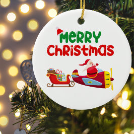 かわいい飛んでいるサンタin飛行機&そり，クリスマス セラミックオーナメント