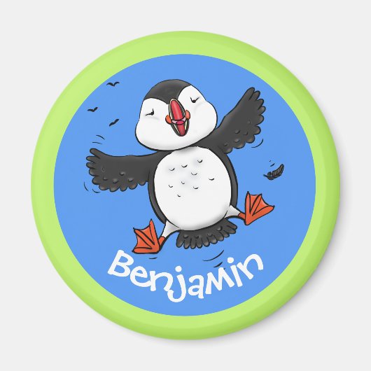 かわいい飛んでいるハッピーパフィン漫画イラストレーション マグネット (正面)