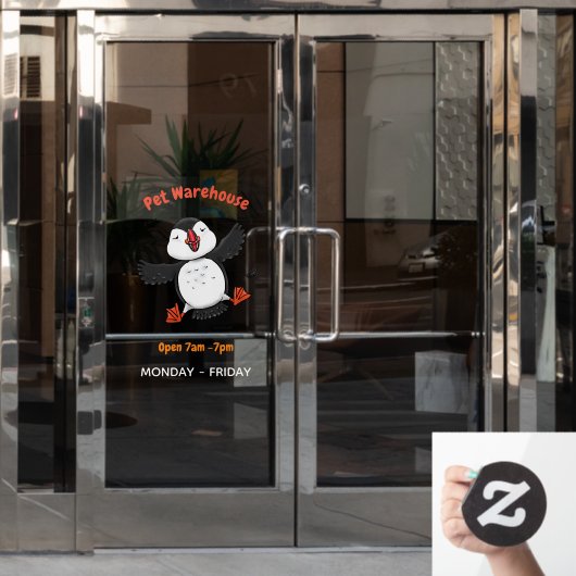 かわいい飛んでいるハッピーパフィン青い漫画イラストレーション ウィンドウサイン (オフィスドア)