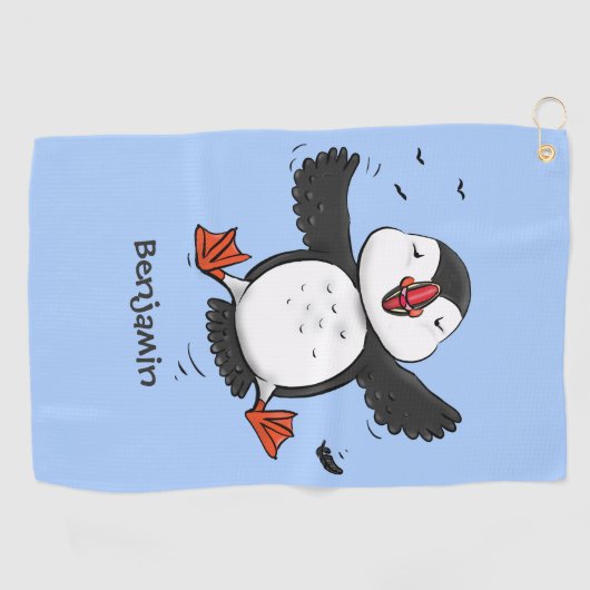 かわいい飛んでいるハッピーパフィン青い漫画イラストレーション ゴルフタオル (横)