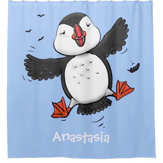 かわいい飛んでいるハッピーパフィン青い漫画イラストレーション シャワーカーテン (正面)