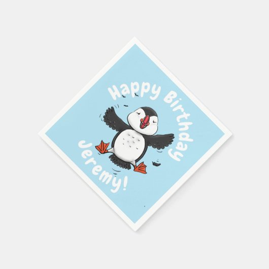 かわいい飛んでいるハッピーパフィン青い漫画イラストレーション スタンダードカクテルナプキン (角)