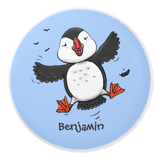 かわいい飛んでいるハッピーパフィン青い漫画イラストレーション セラミックノブ (正面)