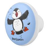 かわいい飛んでいるハッピーパフィン青い漫画イラストレーション セラミックノブ (右)