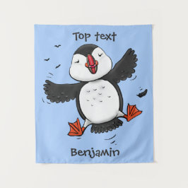 かわいい飛んでいるハッピーパフィン青い漫画イラストレーション タペストリー