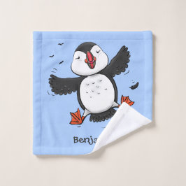 かわいい飛んでいるハッピーパフィン青い漫画イラストレーション バスタオルセット