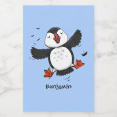 かわいい飛んでいるハッピーパフィン青い漫画イラストレーション フードラベル (シングルラベル)