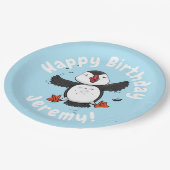 かわいい飛んでいるハッピーパフィン青い漫画イラストレーション ペーパープレート (アングル)