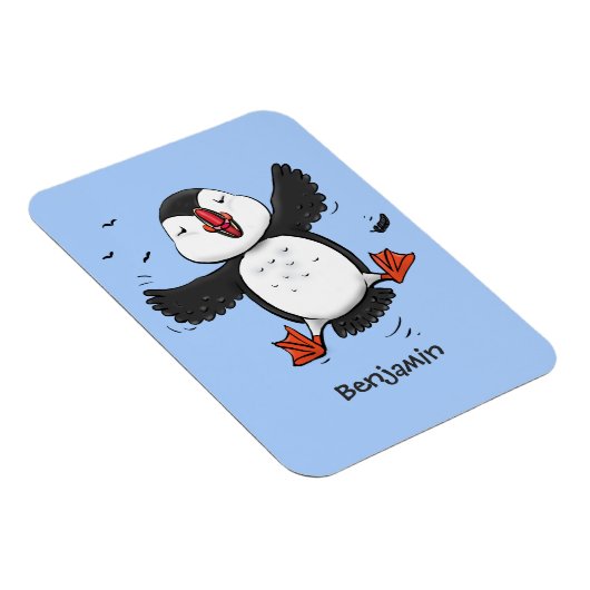 かわいい飛んでいるハッピーパフィン青い漫画イラストレーション マグネット (右側)