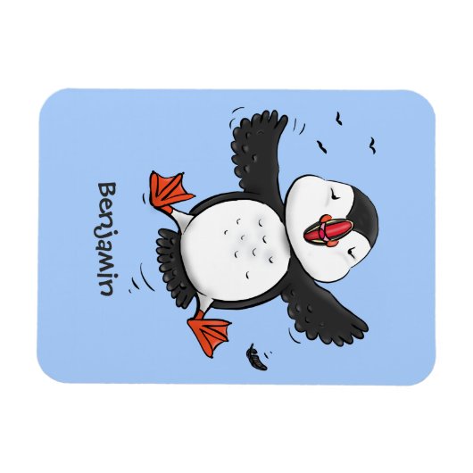 かわいい飛んでいるハッピーパフィン青い漫画イラストレーション マグネット (横)