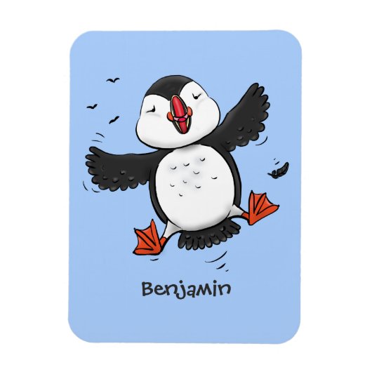 かわいい飛んでいるハッピーパフィン青い漫画イラストレーション マグネット (縦)