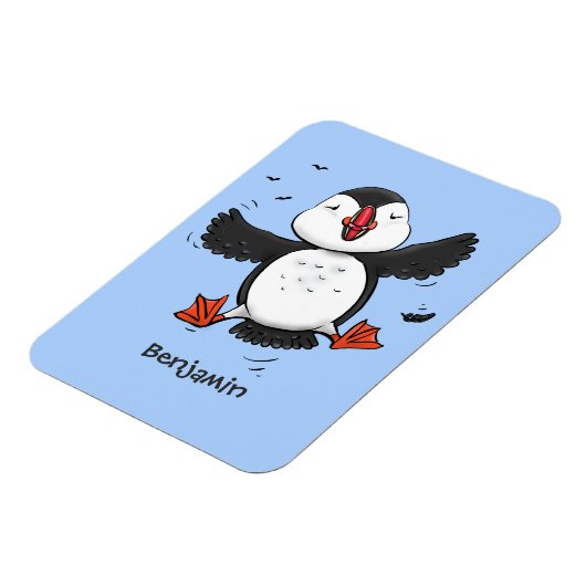 かわいい飛んでいるハッピーパフィン青い漫画イラストレーション マグネット (左側)